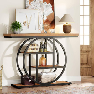 Modern 41-inch Round Base Entryway Sofa Table with Brown Wood Finish Shelves Q280-LBFTCSB13958173 Modern 41-inch Round Base Entryway Sofa Table with Brown Wood Finish Shelves Q280-LBFTCSB13958173