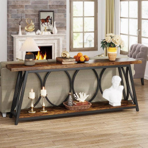 Industrial 70-in. Brown Wood Top Console Table with Heavy Duty Black Metal Frame Q280-PSZECNTB1495817 Industrial 70-in. Brown Wood Top Console Table with Heavy Duty Black Metal Frame Q280-PSZECNTB1495817