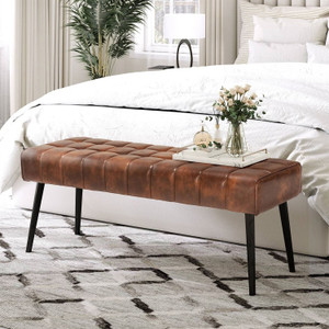 Mid-Century Modern Bedroom Bench with Brown PU Leather Seat and Tapered Legs Q280-BUYSM7924631574