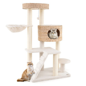 Modern Cat Tree for Indoor Cats with Cattail Fluff Condo and Top Perch-Natural B593-PV10204 Modern Cat Tree for Indoor Cats with Cattail Fluff Condo and Top Perch-Natural B593-PV10204