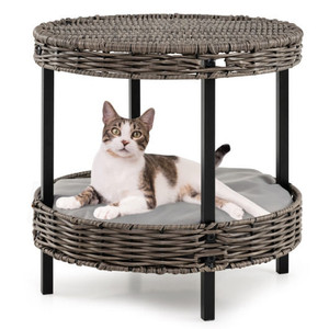 2-tier Rattan Cat Nest with Removable Padded Cushion-Gray B593-PV10296 2-tier Rattan Cat Nest with Removable Padded Cushion-Gray B593-PV10296