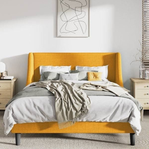 Full Size Yellow Linen Blend Upholstered Platform Bed with Wingback Headboard Q280-YEFU6544
