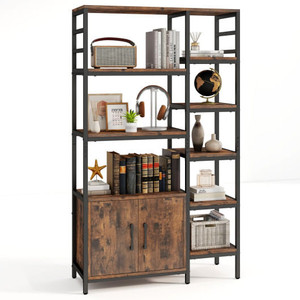 Double Wide 8-Tier Bookshelf with 2-Door Cabinet for Living Room Home Office-Rustic Brown B593-JV12058