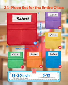 Chair Pockets for Classroom, 24 Pack, 18 x 20 Inches Chairback Buddy Pocket with Name Tag, 6 Bright E415-YHSNCS18YC24YUH27001V0