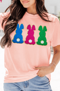 Pink Easter Bunny Chenille Patched Graphic Tee T543-8794165608690