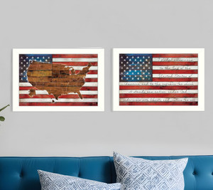 Set Of Two American Flags White Framed Print Wall Art N270-405721