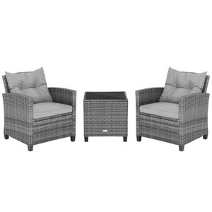 3 Pieces Outdoor Wicker Conversation Set with Tempered Glass Tabletop-Gray - Color: Gray D681-HW70267GR 3 Pieces Outdoor Wicker Conversation Set with Tempered Glass Tabletop-Gray - Color: Gray D681-HW70267GR