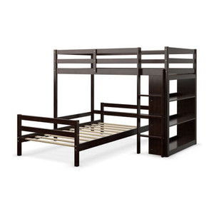Twin Over Twin Loft Bunk Bed with Bookcase-Dark Brown B593-HU10042+ Twin Over Twin Loft Bunk Bed with Bookcase-Dark Brown B593-HU10042+