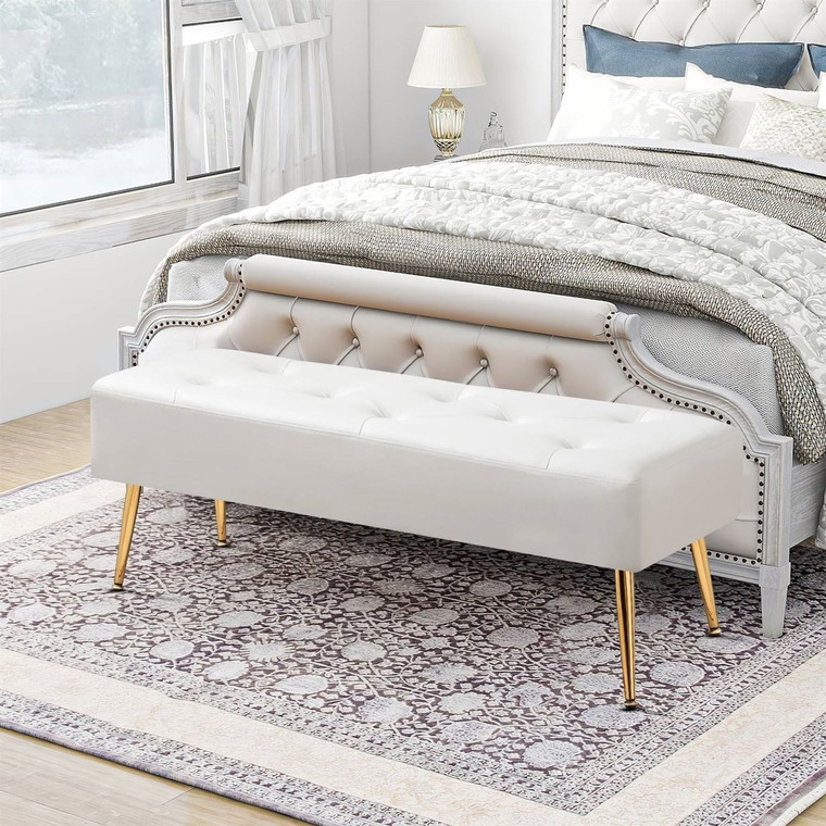 Modern Bed Bench Ottoman with White Ivory PU Leather Seat and Gold Metal Legs Q280-IVWHBW7685841