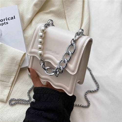 Alloy and Pearl Chain Handle Mini Square Women Handbag - White A392-fhbg0375