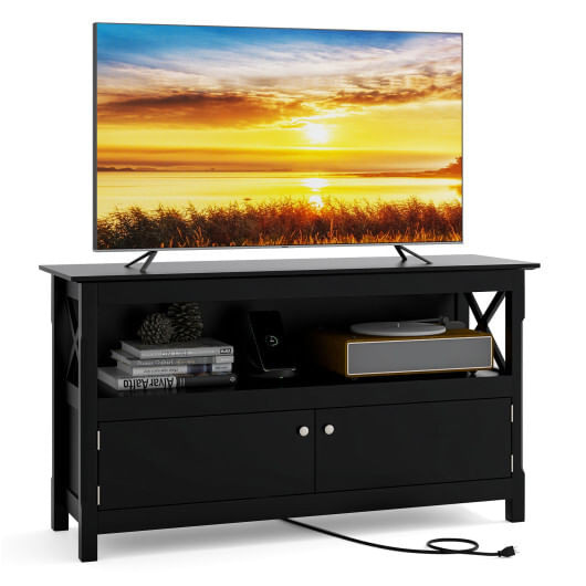 TV Stand Entertainment Center with Charging Station for TVs up to 50 Inch-Black - Color: Black D681-HW66081BK
