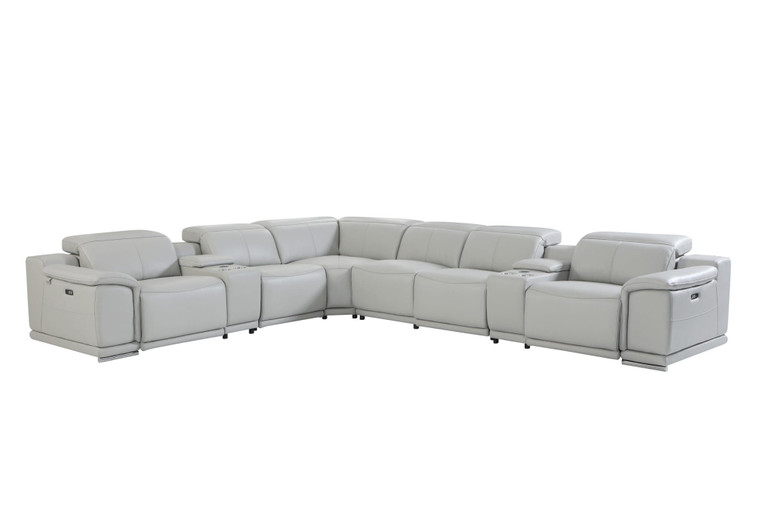 Light Gray Italian Leather Power Reclining U Shaped Eight Piece Corner Sectional With Console N270-476598