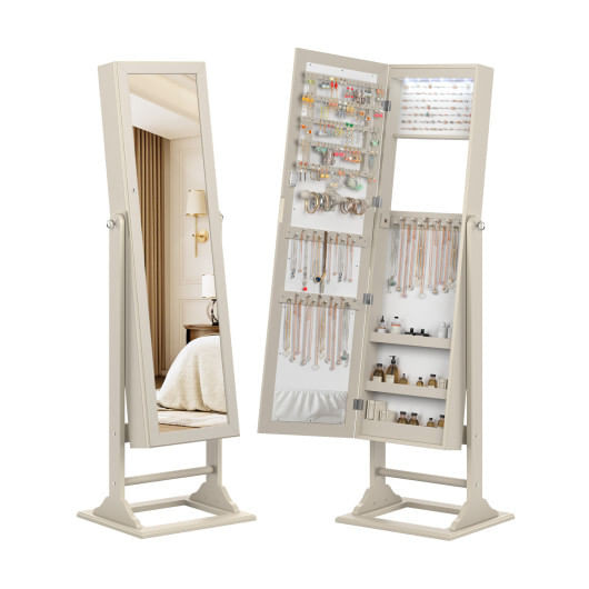 Freestanding Lockable Jewelry Armoire with Full-Length Mirror and 6 LED Lights-Natural B593-JV11105