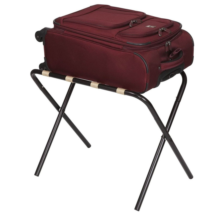 Black Metal Folding Luggage Rack with Khaki Fabric Straps Q280-BKFMLR32658176
