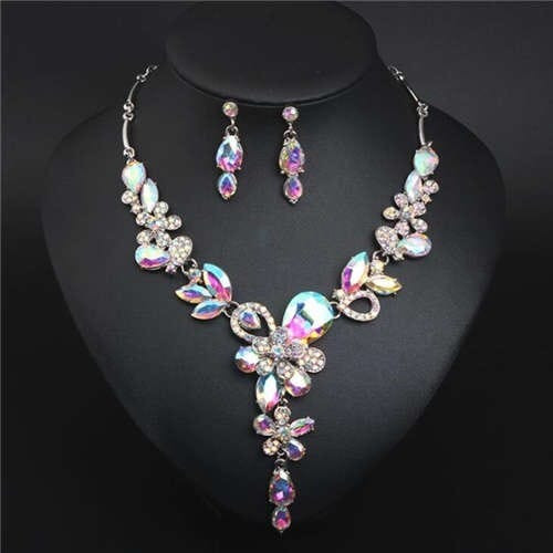Graceful Floral Design Spring Fashion Women Statement Bib Necklace and Earrings Set - Colorful White A392-fane6290