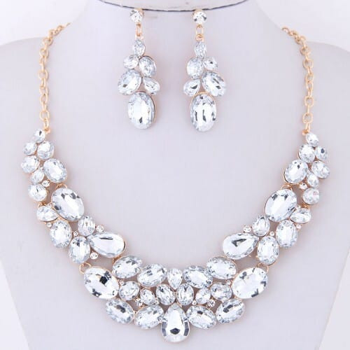 Resin Gems Spring Flowers Design Women Statement Fashion Necklace and Earrings Set - White A392-fane5669