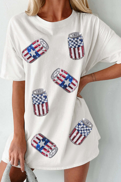 White Sequin American Flag Can Oversized Graphic Tee T543-8783357051122