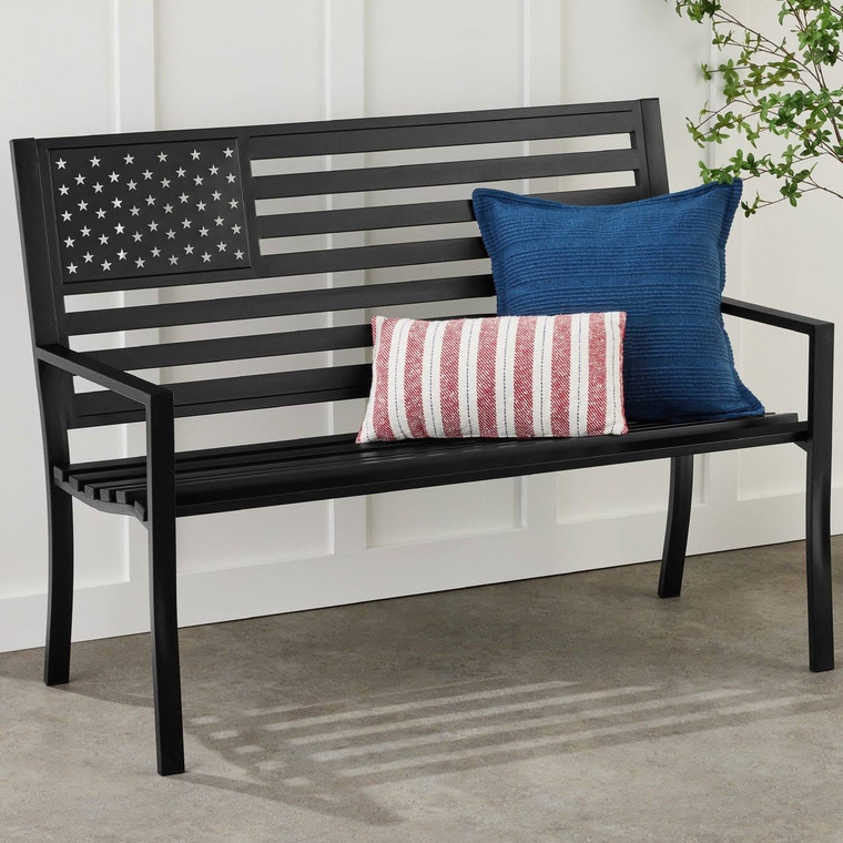 2 Person Patriotic USA Black Metal Bench with American Flag Backrest Q280-USAPA79052