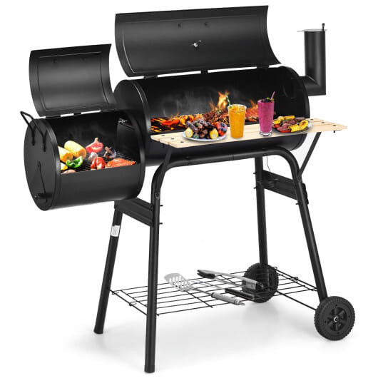 Low Smoke Outdoor BBQ Grill Steel Barbecue Cooker with Firebox - Color: Black D681-SmokeNP10876