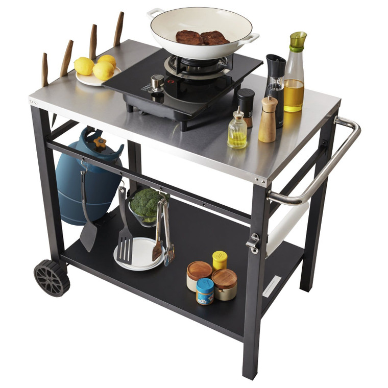Outdoor Grill Dining Cart with Double-Shelf, BBQ Movable Food Prep Table, Multifunctional Stainless E415-JSHWBCTC855512MJNV0