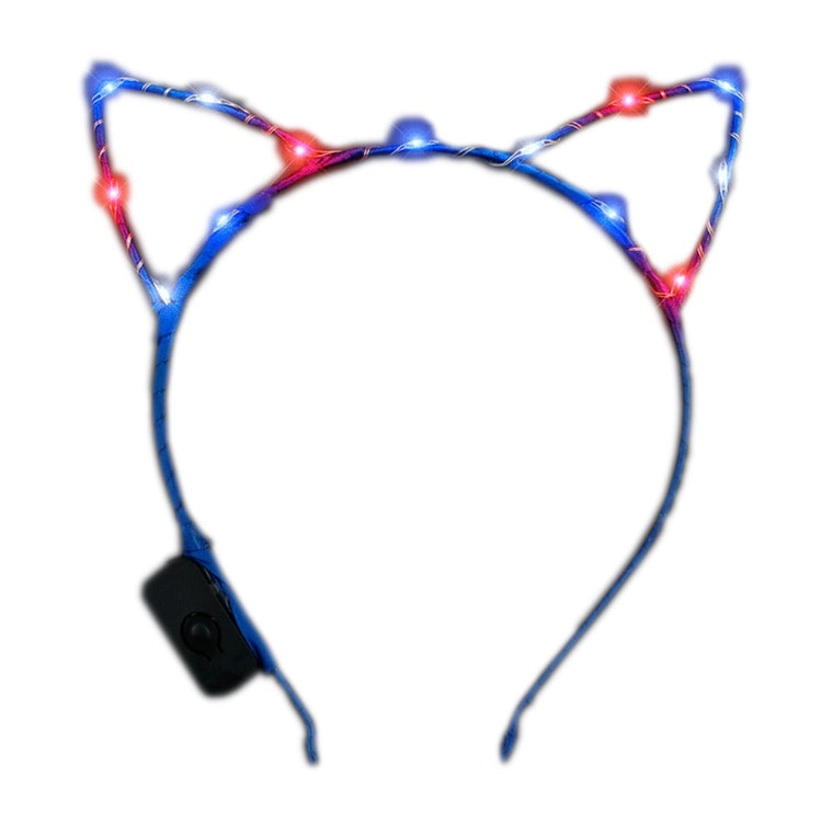 Red White Blue LEDs Kitty Cat Ear Patriotic Headband A706-LUCESLPH-RWB