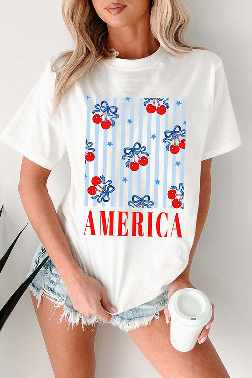 White Bow Cherry AMERICA Graphic Crewneck Patriotic T Shirt T543-8784221602034