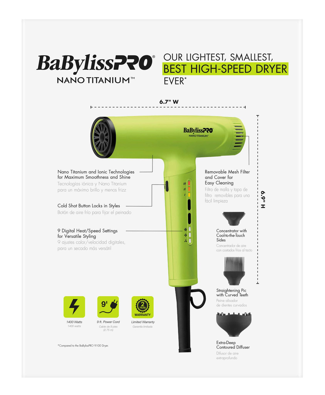 BaBylissPRO® Nano Titanium™ Neon Yellow Light Ionic High-Speed Dryer