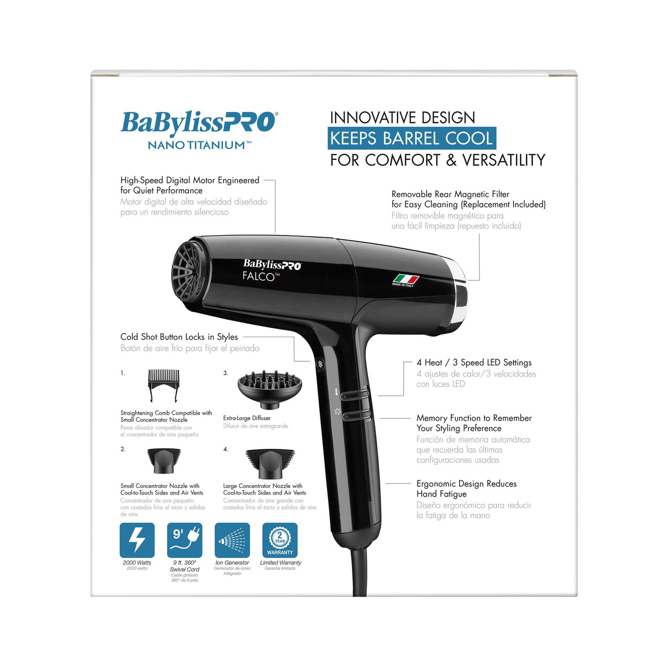 BaBylissPRO® Nano Titanium™ Professional Italian Falco Dryer (Black)
