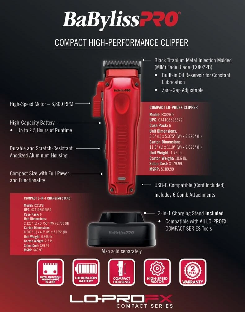BabylissPro Lo-ProFX Compact Series Clipper Red Limited Edition