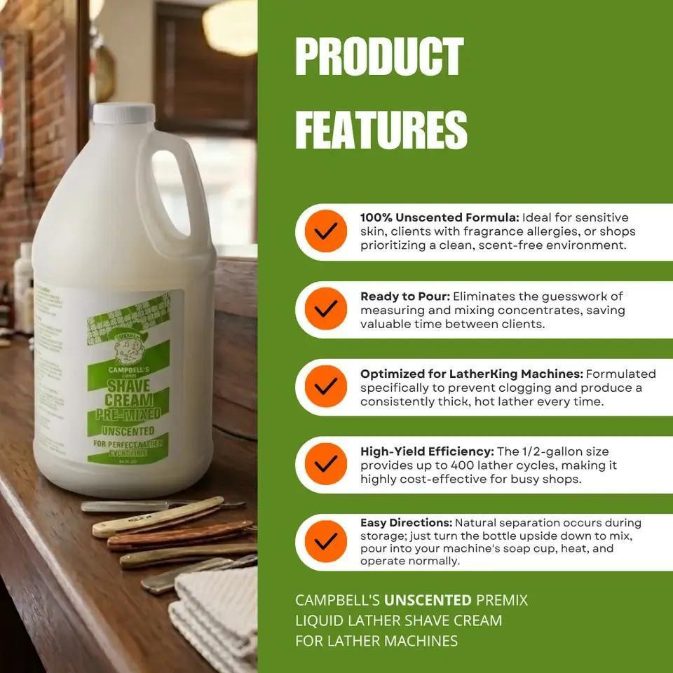 Campbell's UNSCENTED Premix Liquid Lather Shave Cream for Lather Machine - Half Gallon