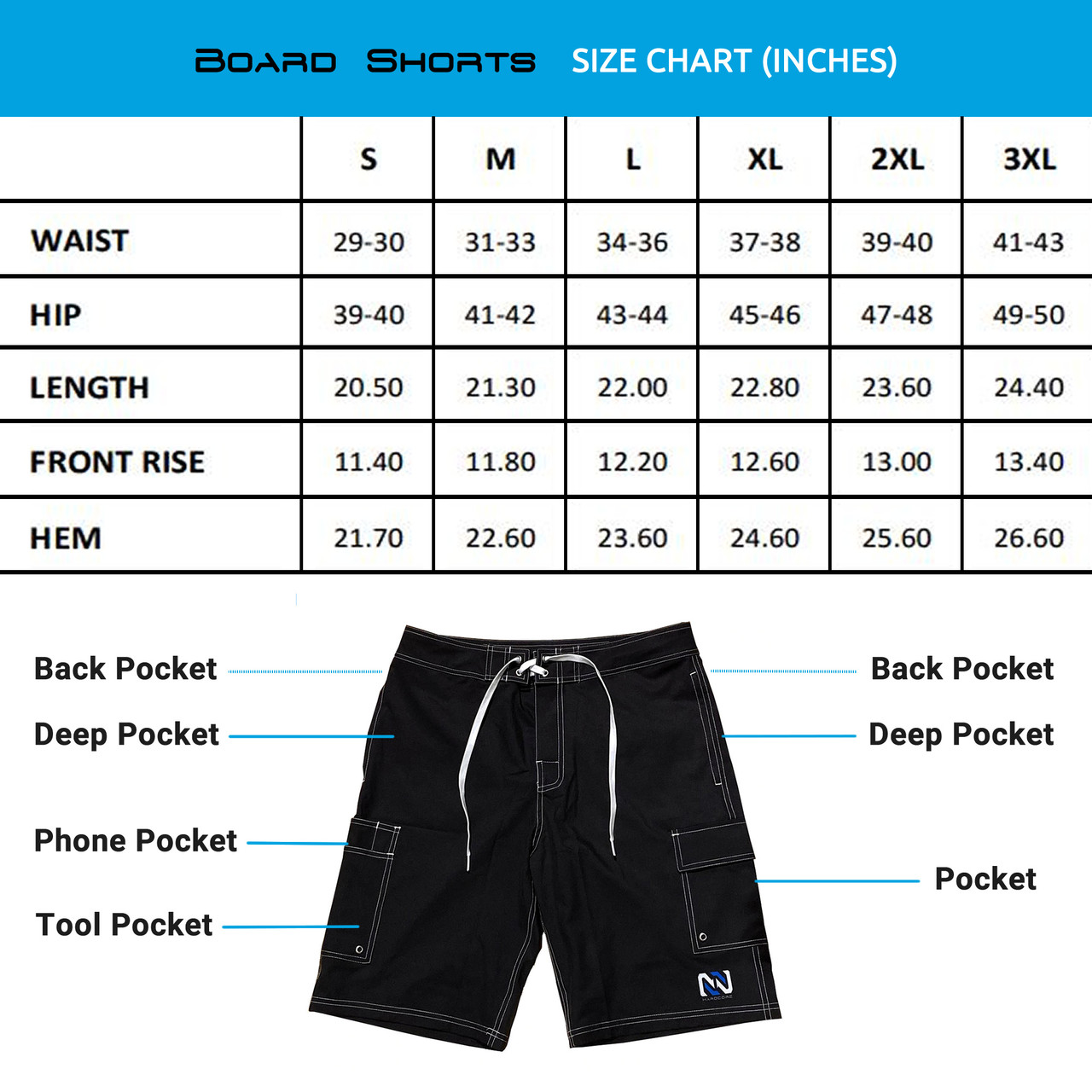 NOREAST'R - Black - 7-Pocket Board Shorts