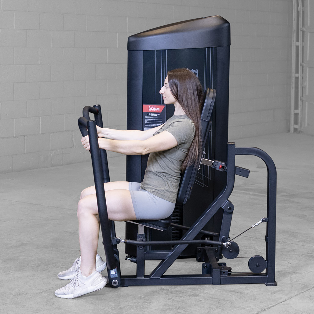 Seated Press on the Pro ClubLine Series 2 Chest Press 210 lb. Stack