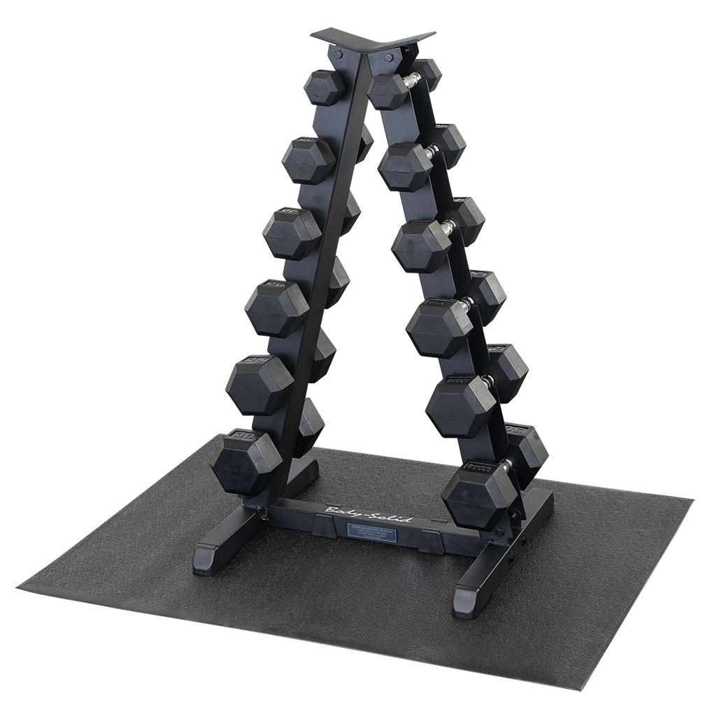 Body-Solid 5-30 lb. Rubber Hex Dumbbell Set with the GDR44 Storage Rack