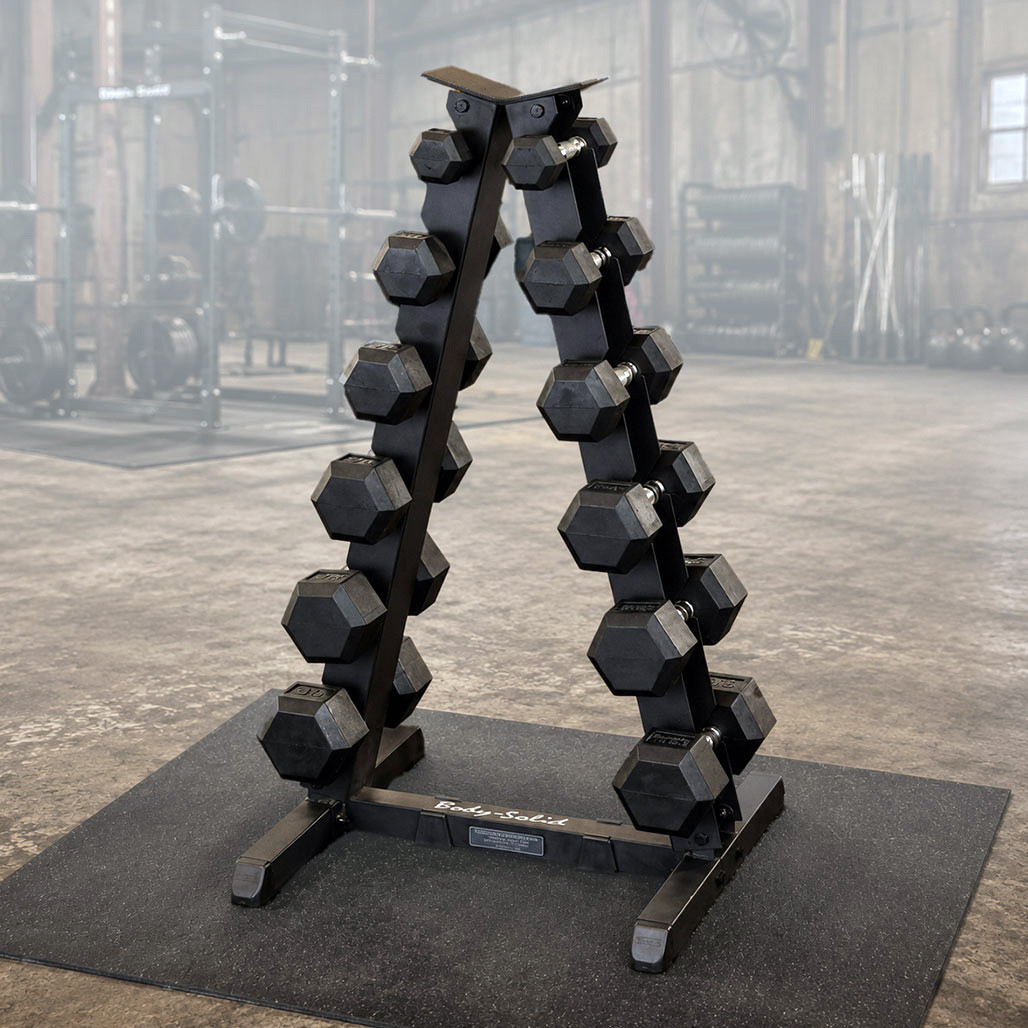 5-30 lb. Rubber Coated Dumbbell Package, includes Body-Solid Vertical Storage Rack with Lifetime Warranty, Shipping Included