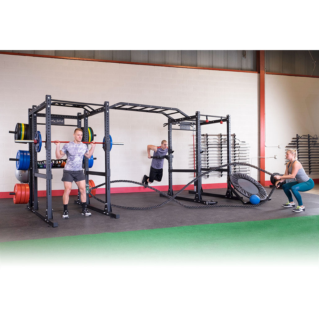 Squats, Rope Waves and Dips on the Body-Solid Double SPR1000DB Commercial Power Rack with optional bar, weights and rope on the SPRUL U-Link