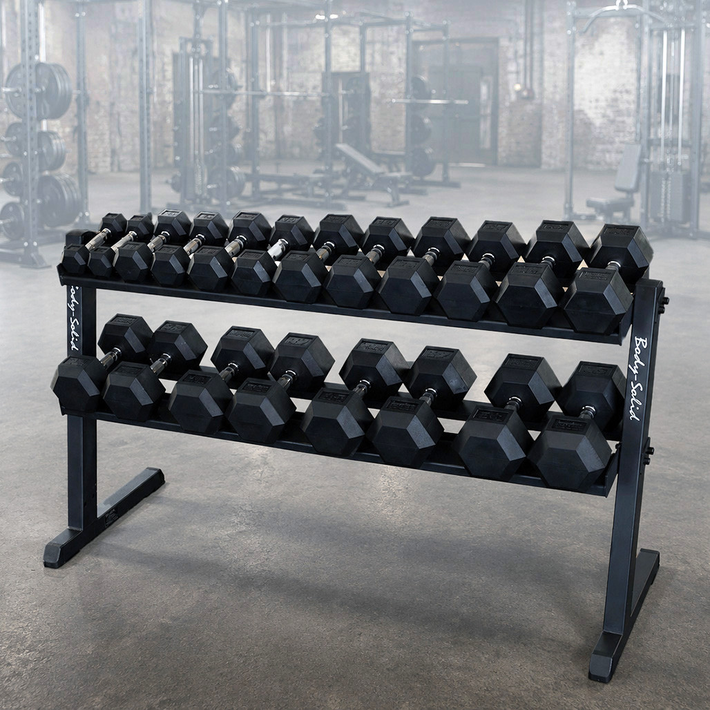 5–50 lb Rubber Coated Dumbbell Package, includes Body-Solid Heavy Duty Storage Rack with Lifetime Warranty, Shipping Included
