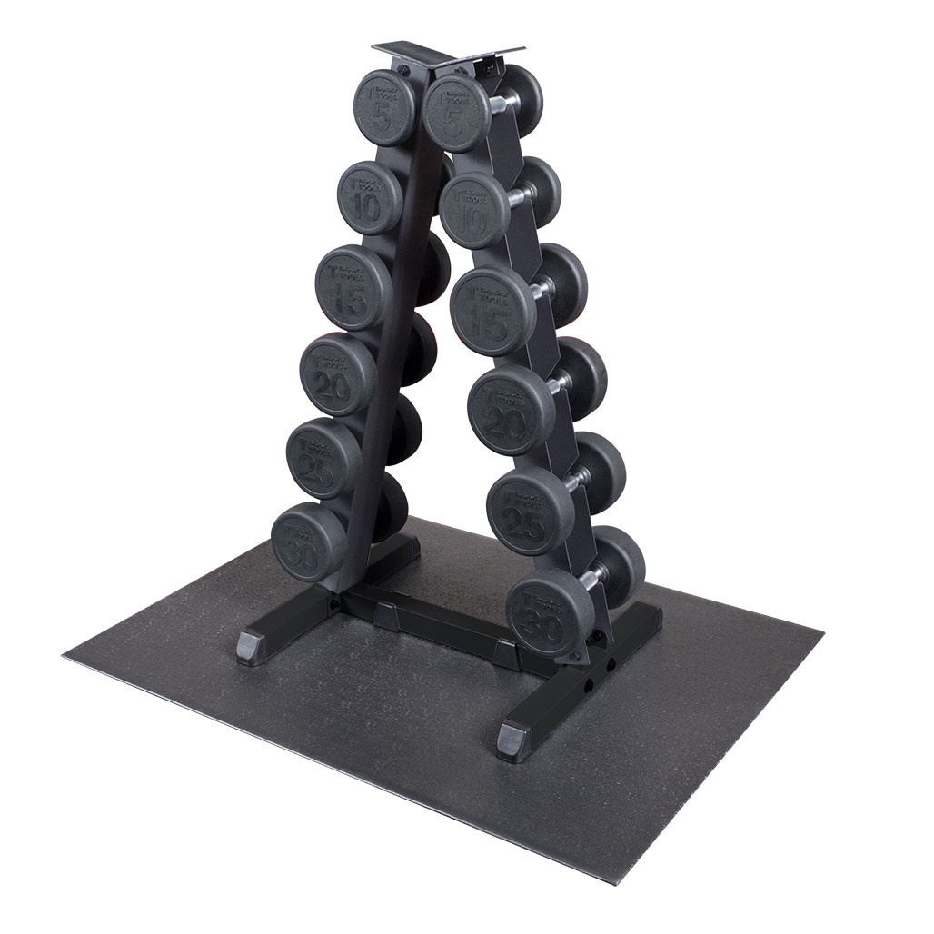 Body-Solid 5-30 lb. Round Rubber Dumbbell Set with the GDR44 Storage Rack