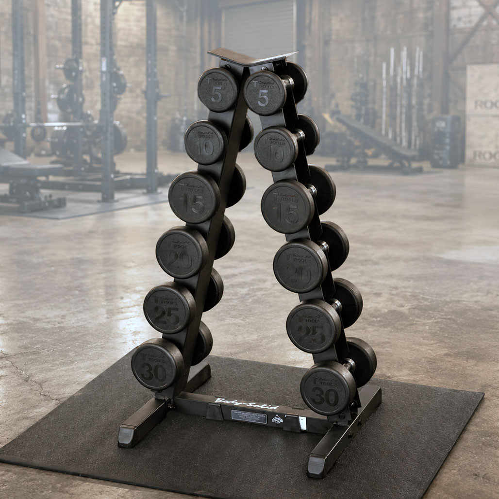 5-30 lb. Round Rubber Coated Dumbbell Package, Includes Body-Solid Vertical Storage Rack with Lifetime Warranty, Shipping Included