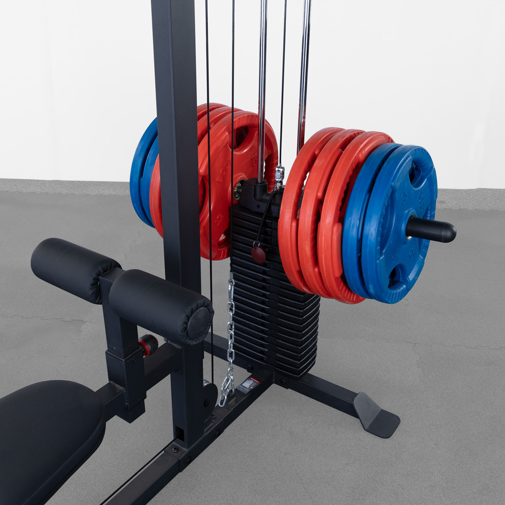 GLM85B – shown with 210 lbs. selectorized weight stack and 2" olympic weight plates. (OSA Adapter sleeve required to use olympic weight plates)