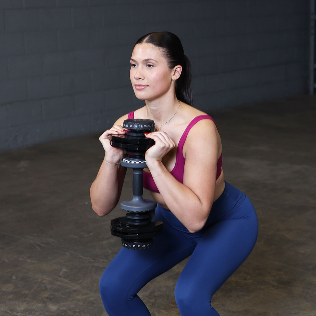 Rugged Adjustable Dumbbells, Goblet Squat