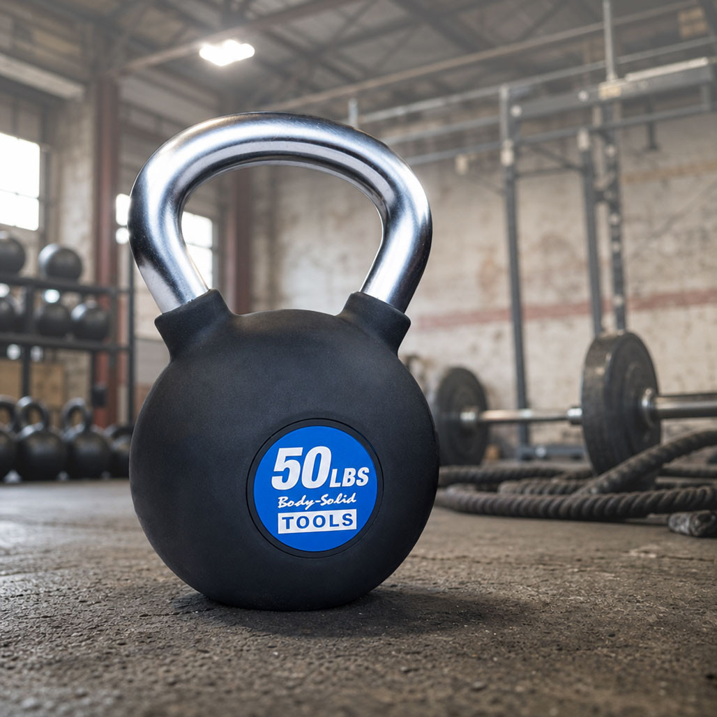 Body-Solid Premium Rubber Coated Kettlebells with Chrome Handles, 5-80 lbs.
