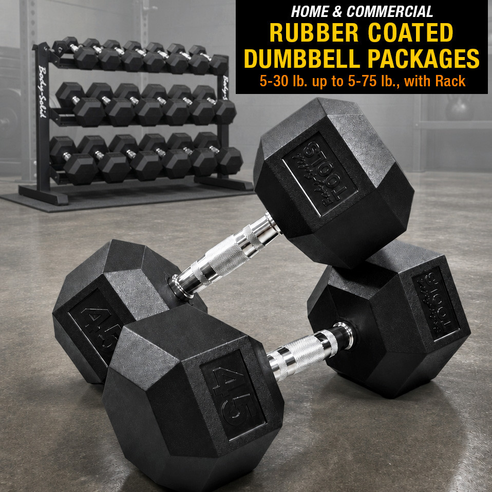 Rubber Coated Hex Dumbbell Packages for Home & Commercial Gyms, Shipping Included