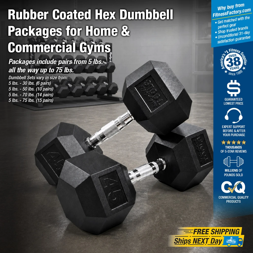 Rubber Coated Hex Dumbbell Packages for Home & Commercial Gyms, Shipping Included