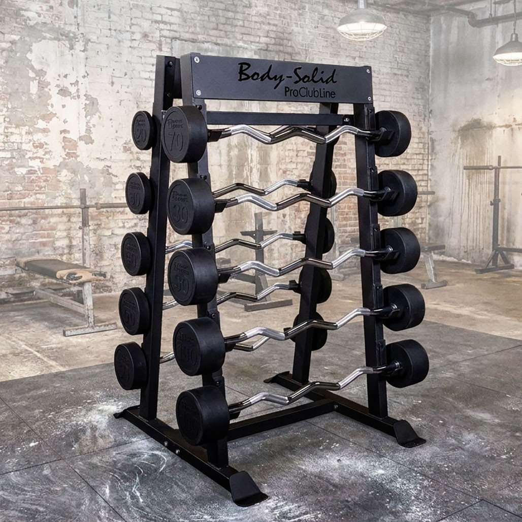 Body-Solid Pro Fixed EZ Curl Barbell Set, 20-110 lb with Rack