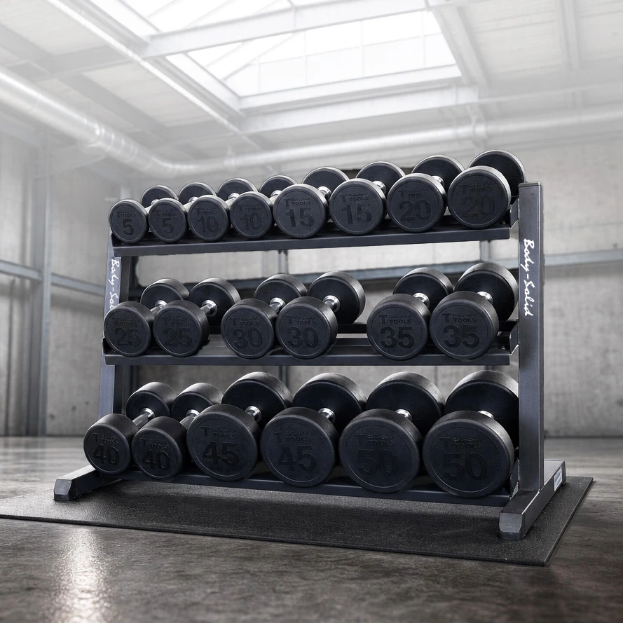 5-50 lb. Round Rubber Coated Dumbbell Package, Includes Body-Solid Storage Rack with Lifetime Warranty, Shipping Included