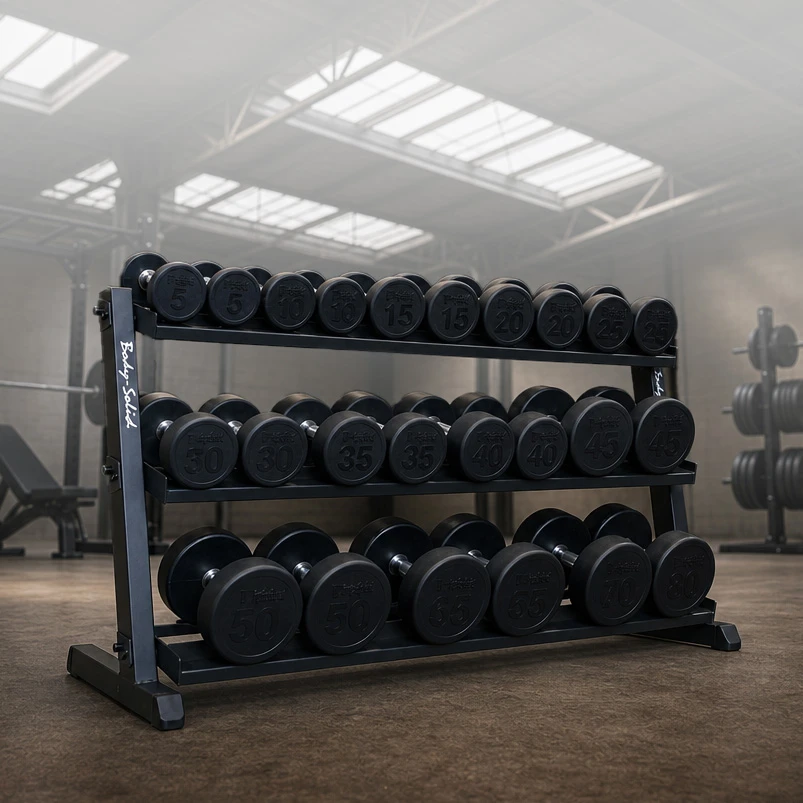 5-60 lb. Round Rubber Coated Dumbbell Package, Includes Body-Solid 3-Tier Heavy Duty Storage Rack with Lifetime Warranty, Shipping Included
