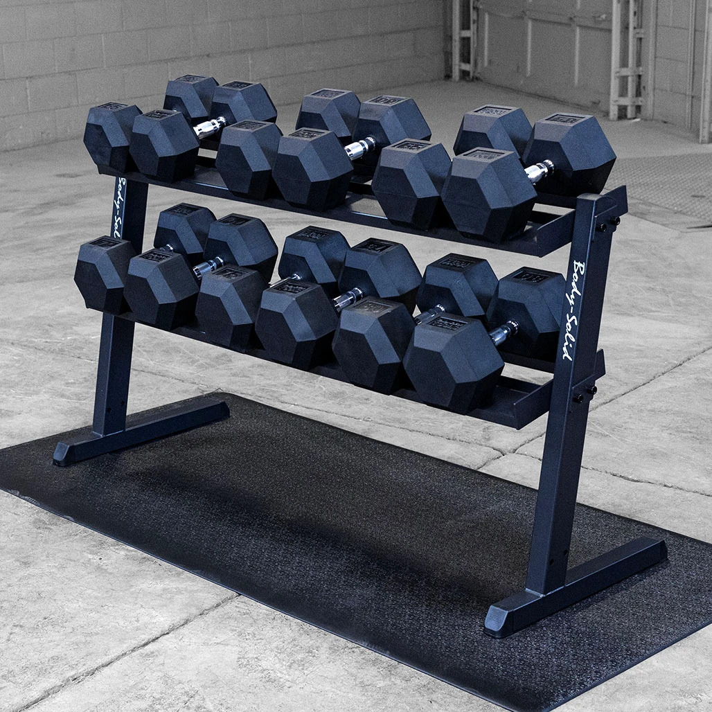 55-80 lb Rubber Coated Dumbbell Package, includes Body-Solid Heavy Duty 2-Tier Storage Rack