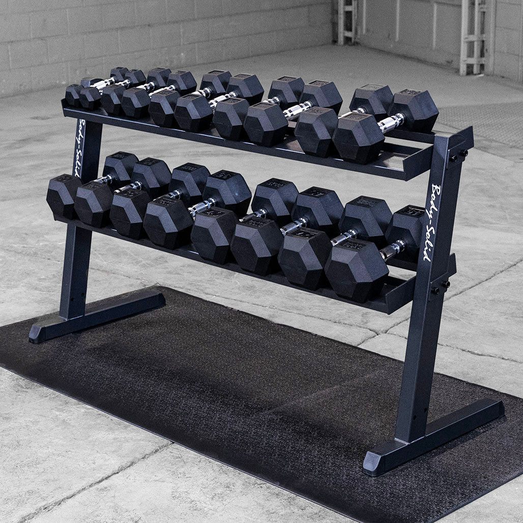 5-45 lb Rubber Coated Dumbbell Package, includes Body-Solid Heavy Duty 2-Tier Storage Rack