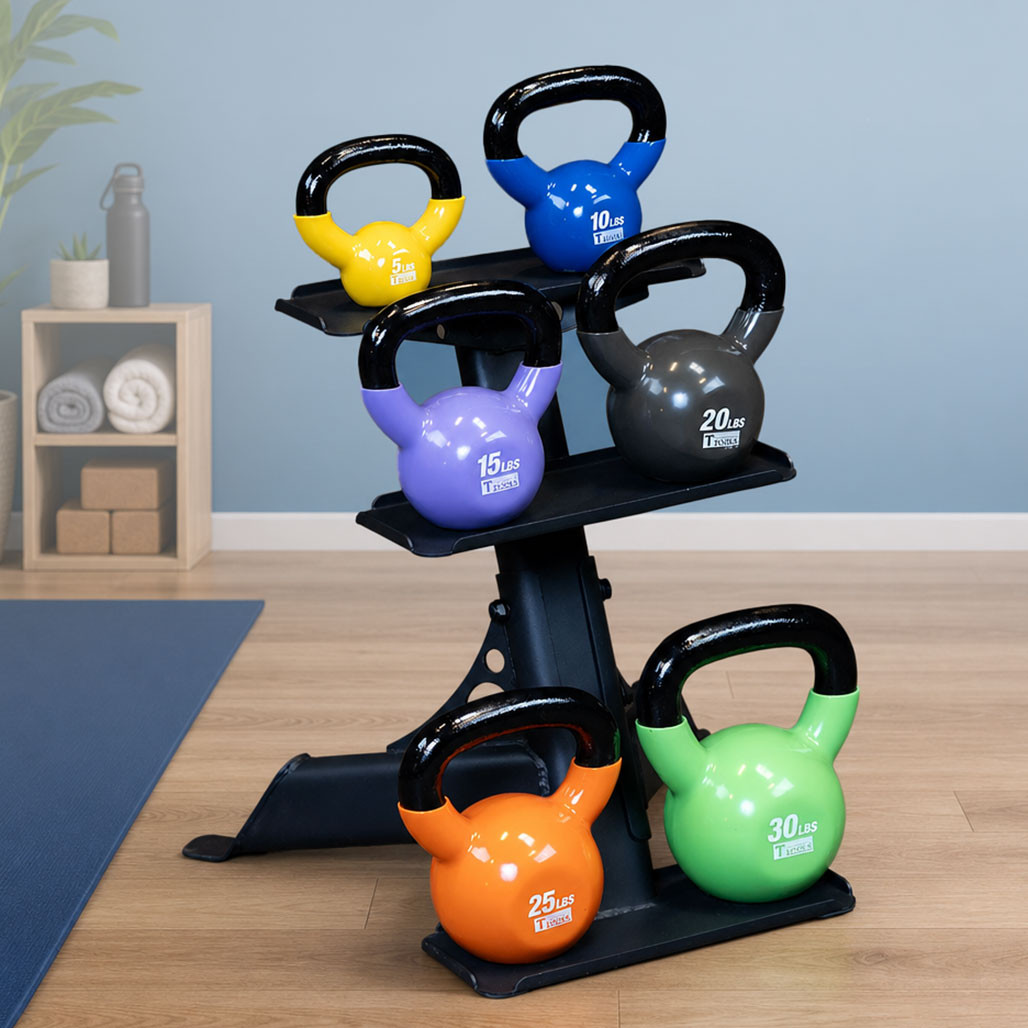 Body-Solid 3-Tier Kettlebell Rack with Kettlebells