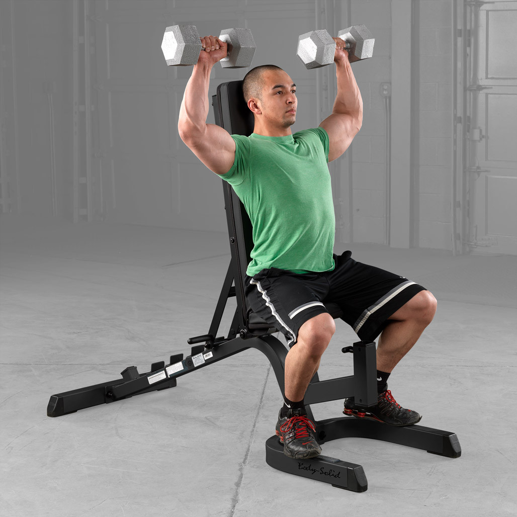 Shoulder Press on the Body-Solid GFID71 Heavy Duty Flat-Incline-Decline Bench